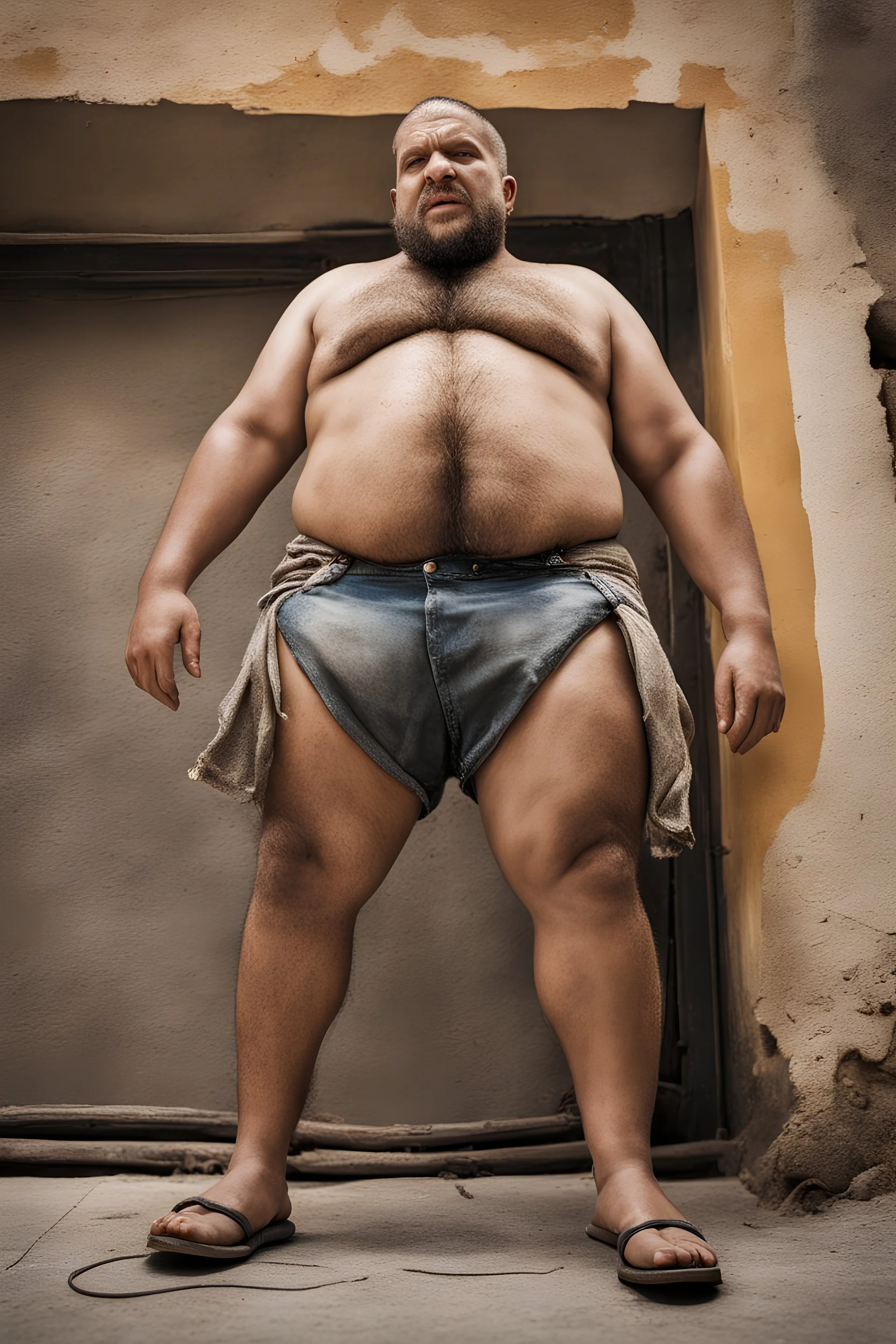 close up photography of an ugly 4w year old stocky robust burly giantmarocan, wearing ripped work shorts, shirtless, leaning with his back on the wall, crossing arms, dirty, ajar mouth, hairy chest, , very virile, short beard, shaved hair,, , in a sunny street, photorealistic , frontal view from the ground, view angle from bottom