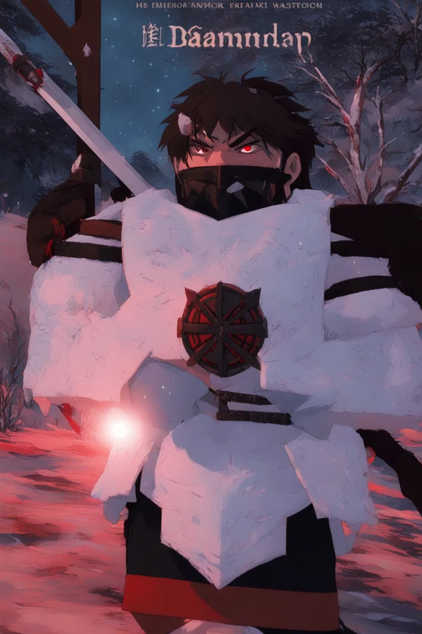 The character, depicted in a striking white armour against a wintry backdrop stands with his hands behind his back inside the scene, he has a red and black circular symbol on his chest like a shield, a black pointed spear with a red handle on his back, His eyes are showing a dynamic expression and he wears a black oni mask with white teeth covering the bottom part of his mouth he has brown shoulder pads and a white belt with a bag attached to it. He has dark brown hair, he does not wear a helmet