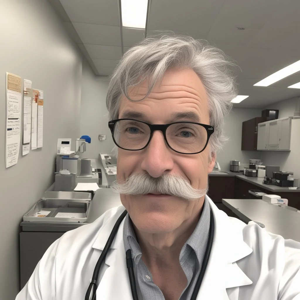 selfie of a white doctor in the break room; gray hair, mustache; nerdy glasses,