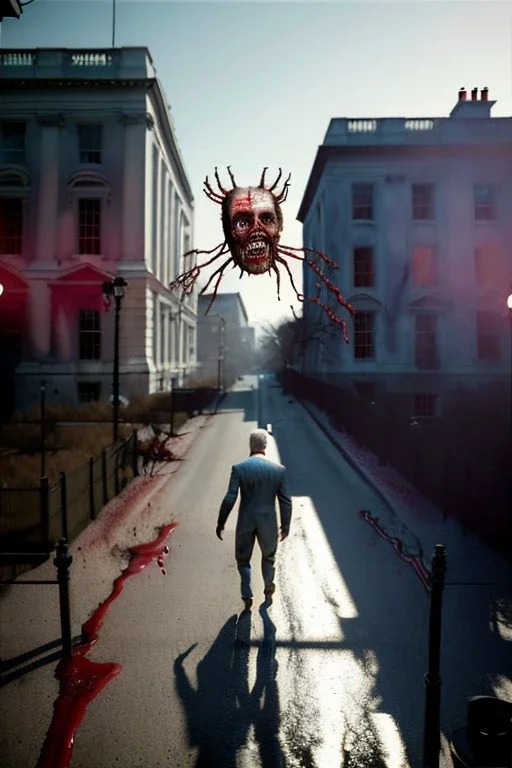 Ultra realistic image, joe biden zombie, zombie performance, blood, torn arm, night, walking twisted, waist up view, walking dead style, dark ambient, highly detailed, White House background, concept art, unreal engine 5, god rays, ray tracing, RTX, lumen lighting, ultra detail, volumetric lighting, 3d, finely drawn, high definition, high resolution.