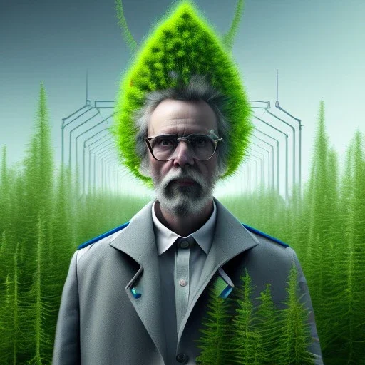 portrait of mad scientist in coat ,cell towers overgrown with plants, spray paint art, book illustration, 4k, high detail