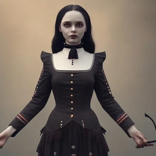 Full body, 3d render, Wednesday addams 1800's women style, 1800's hair style, 1800's women clothes style, hyper realistic, octane render, unreal engine 5, 8k, palace background, uhd