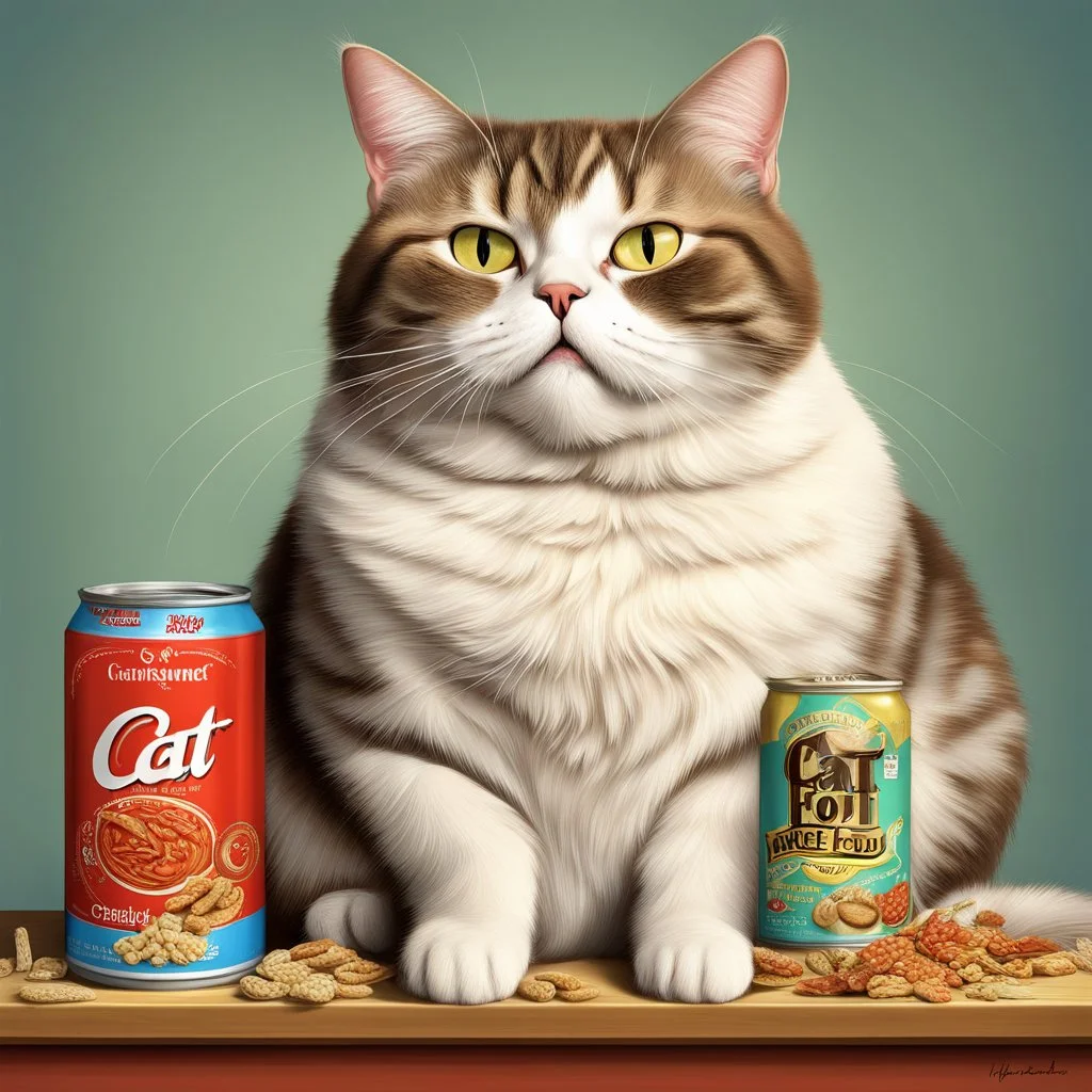 smug-looking fat cat in front of an opened can of cat food, mechanical can opener laying on the table beside the can, realistic, whimsical, colorful, digital art, by Hugh Kretschmer