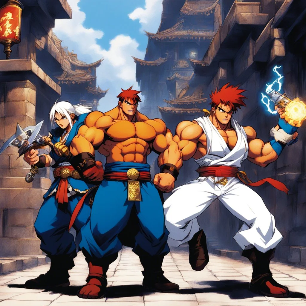 [Street Fighter III: New Generation/Official Art by Daigo Ikeno] a group of three mystic adventurer with medieval weapons in the street of a cryptic version of mega city one