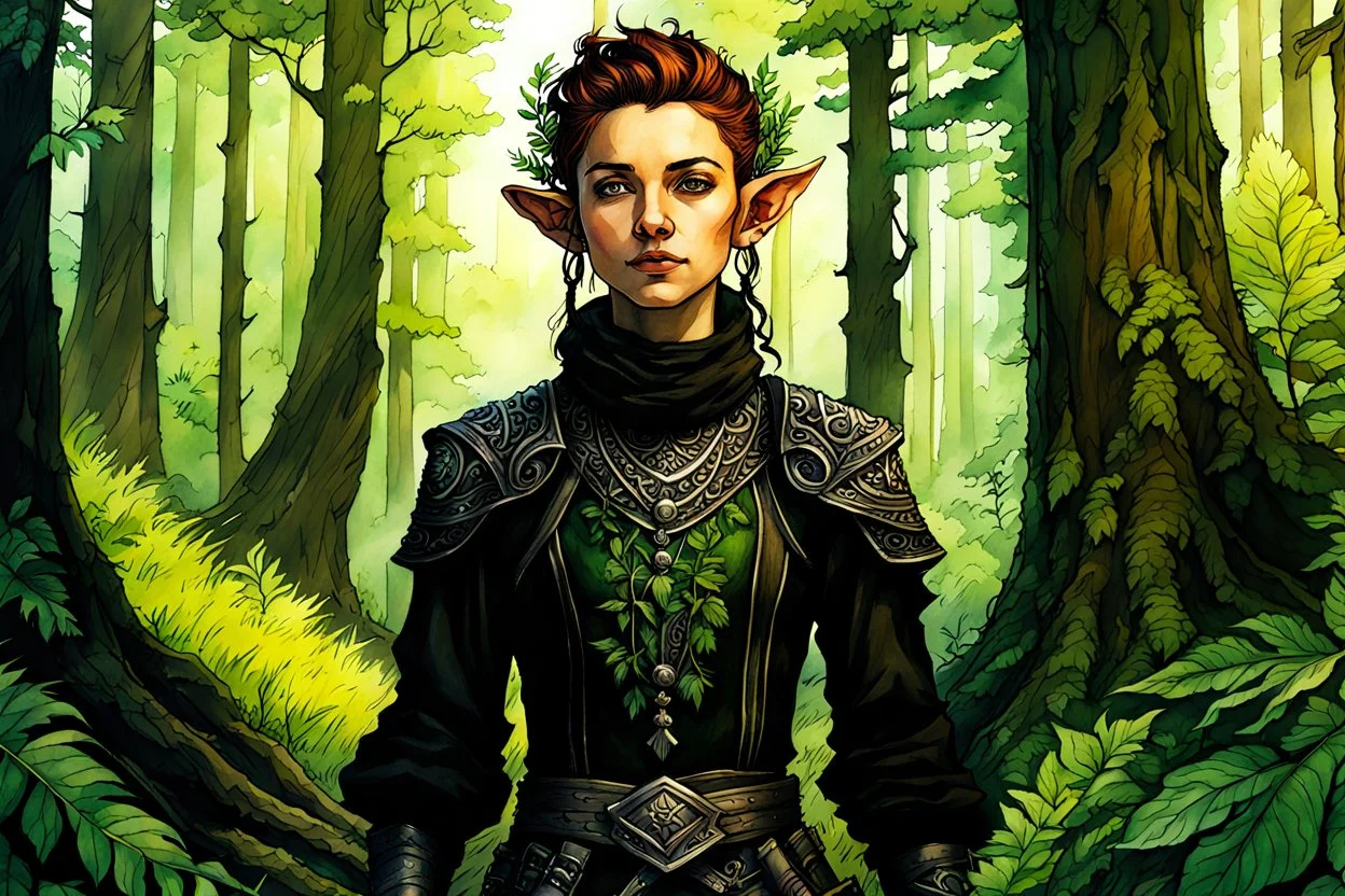 create an oil and watercolor full body portrait of a young, nomadic goth punk forest elf female fantasy art character, with highly detailed, sharply lined facial features, in the deep forest of Brokilon , finely inked, 4k in the style of Maxfield Parrish