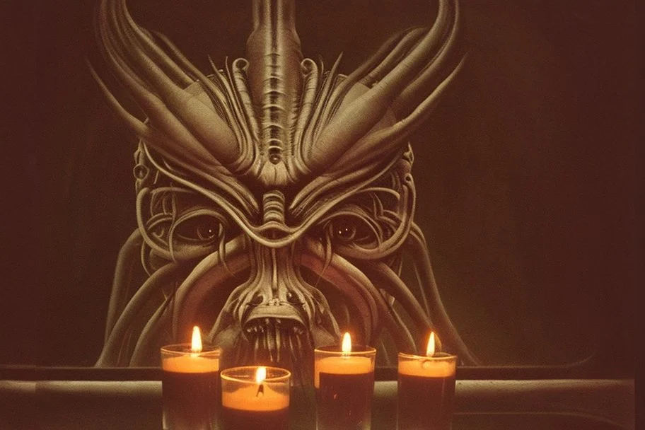 cute coffeshop creature H. R. Giger in candlelight