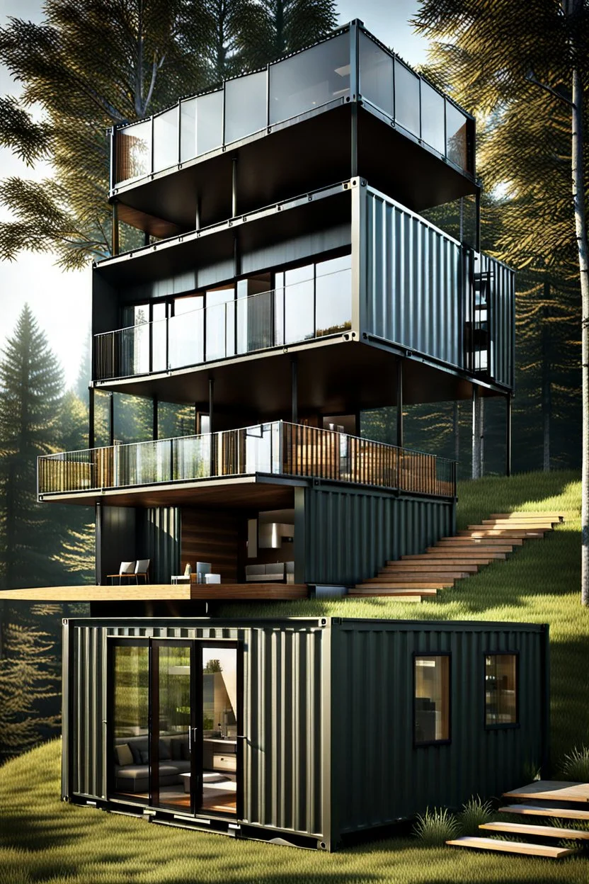 Modern house made from shipping containers, on a hill in the woods, photorealistic