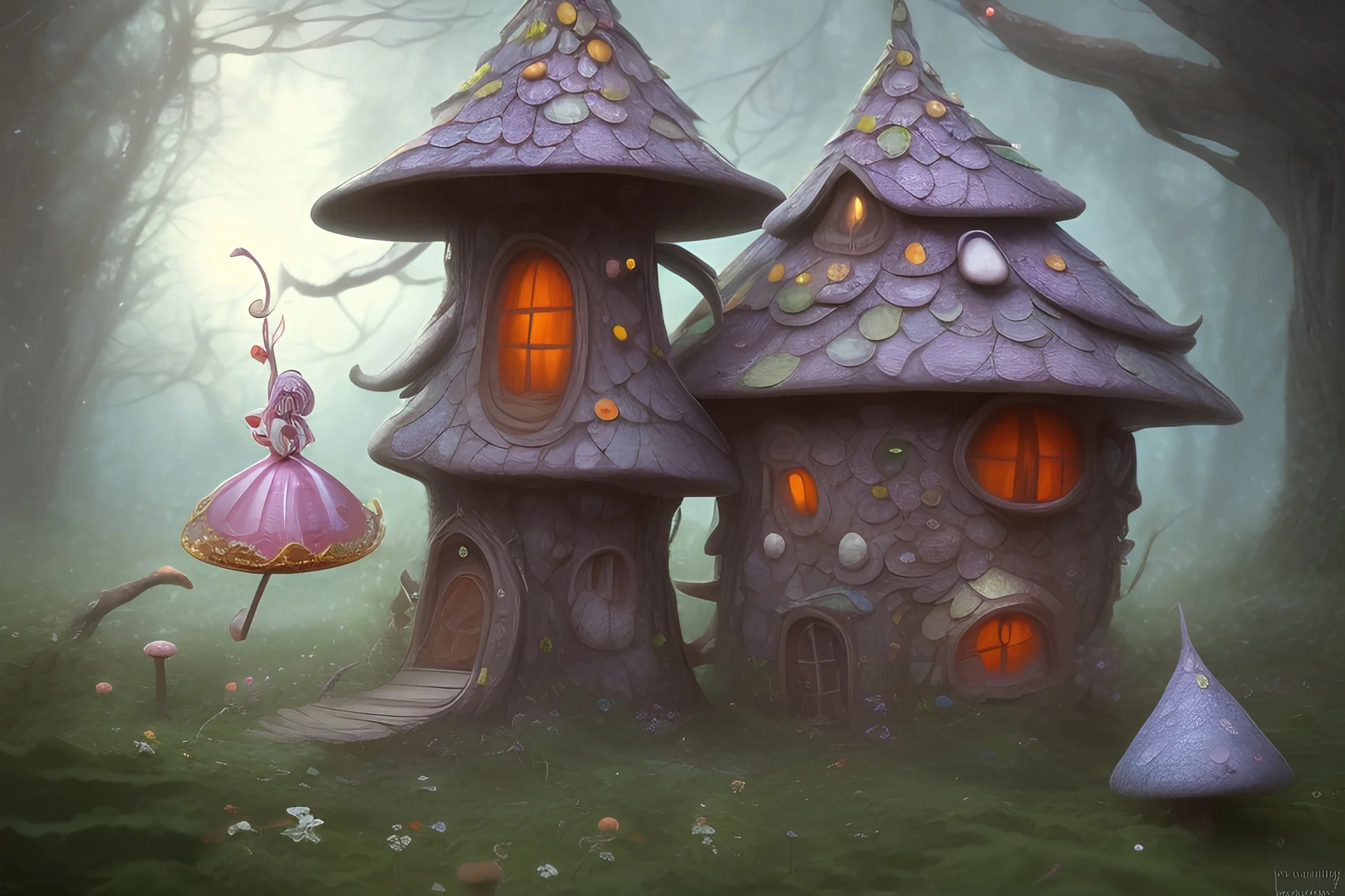 adorable little fairy standing beside a crooked mushroom house and swirly crooked tree all made from nightmares in the style of David Mach RA