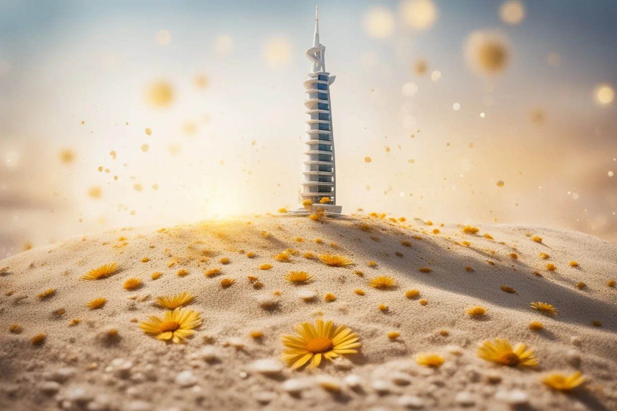 Burj al arab, made of daisy flowers in the sand in the sunshine, watercolor and black ink outlines, sparkling golden glitter, ethereal, cinematic postprocessing, bokeh, dof