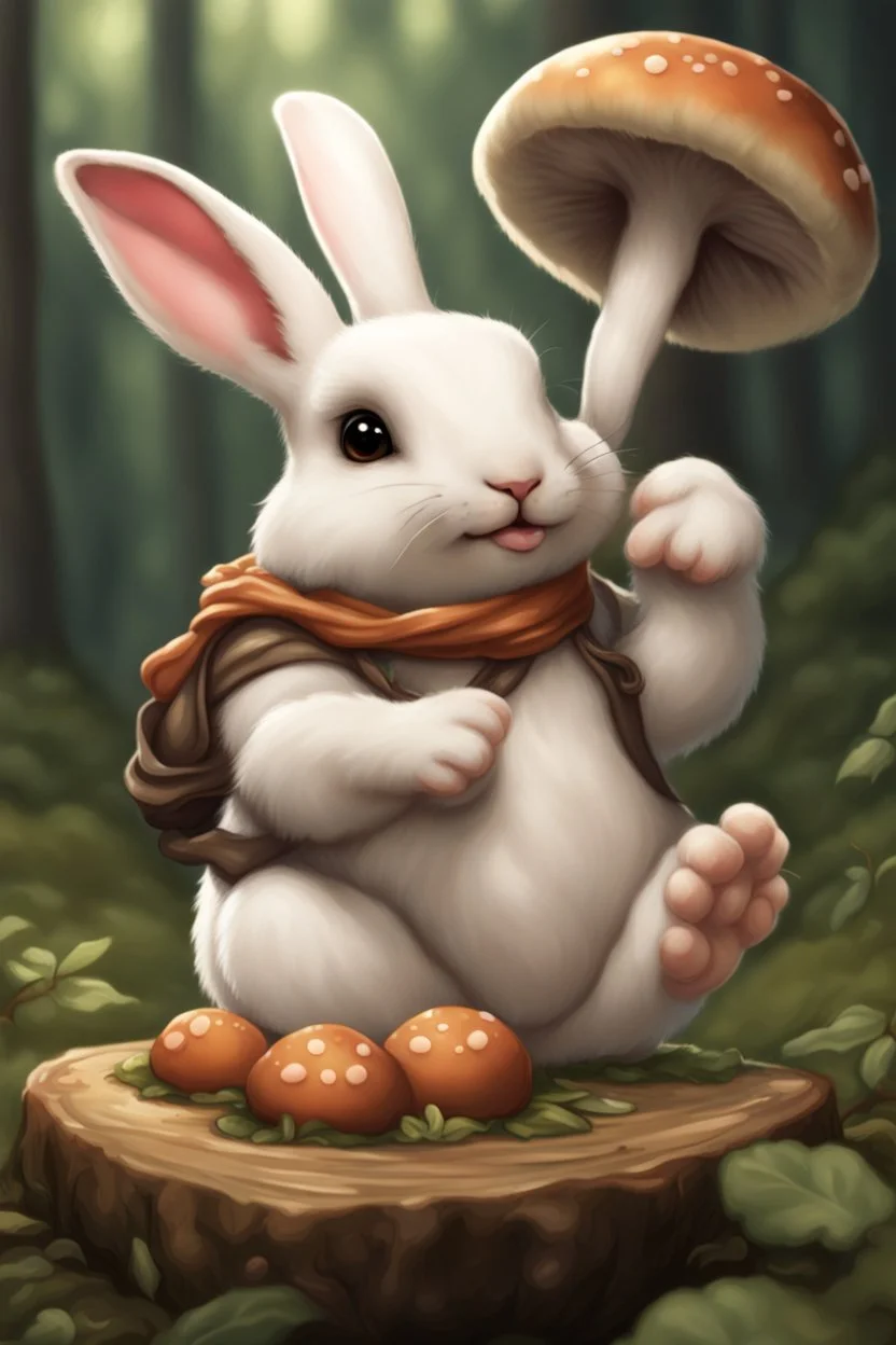 Cute chubby bunny floppy ears adventurer dnd cooking with mushrooms art realism