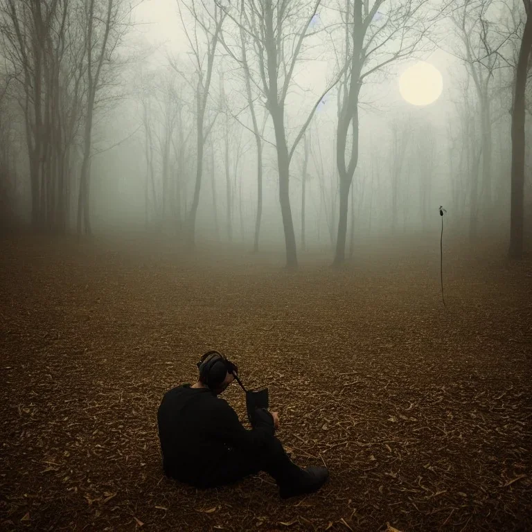 foto de costas, homem solitário com headphone na floresta a noite sentado no chão, noite lua cheia, névoa