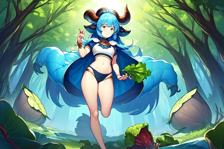 Girl goat horns, blue hair, clearing in forest, cabbage in hand , hoof foot , open navel