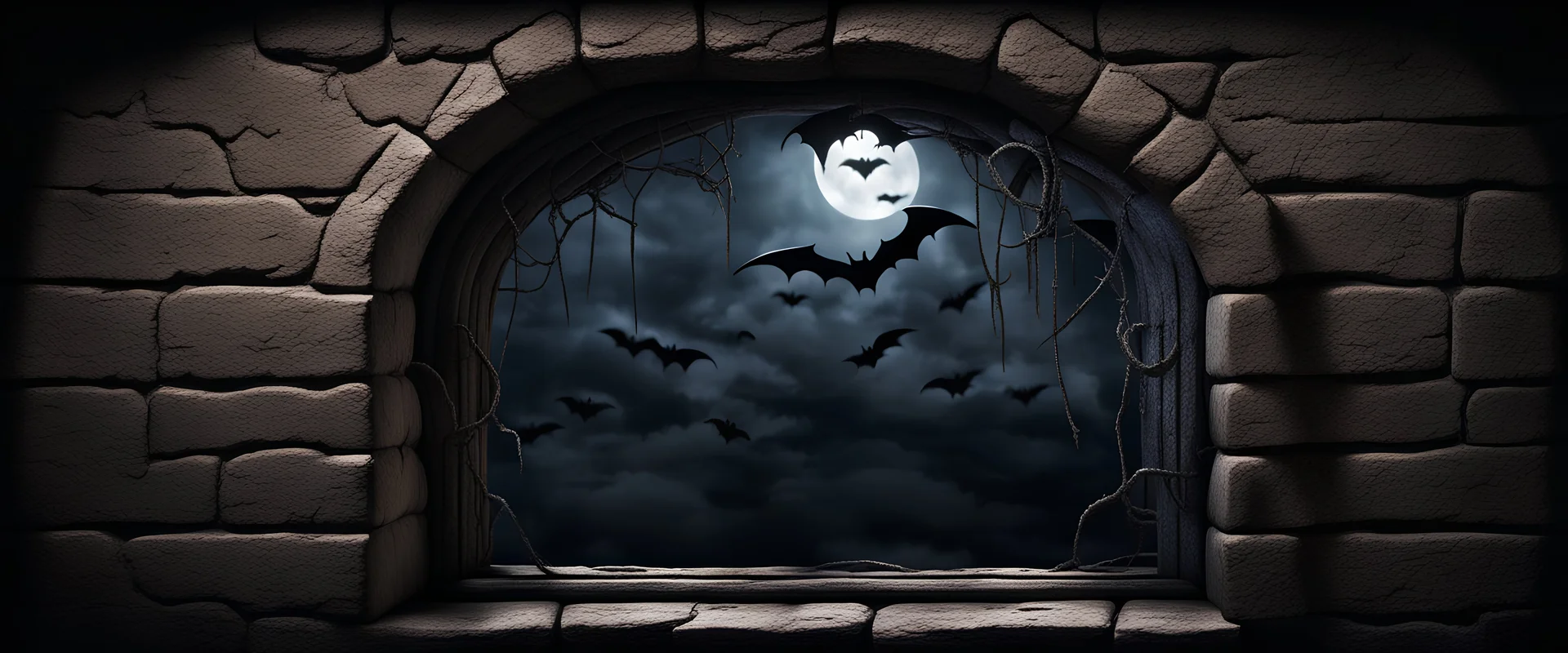 Hyper Realistic small window of dark dungeon with bats flying & cobwebs on dark rustic walls at night