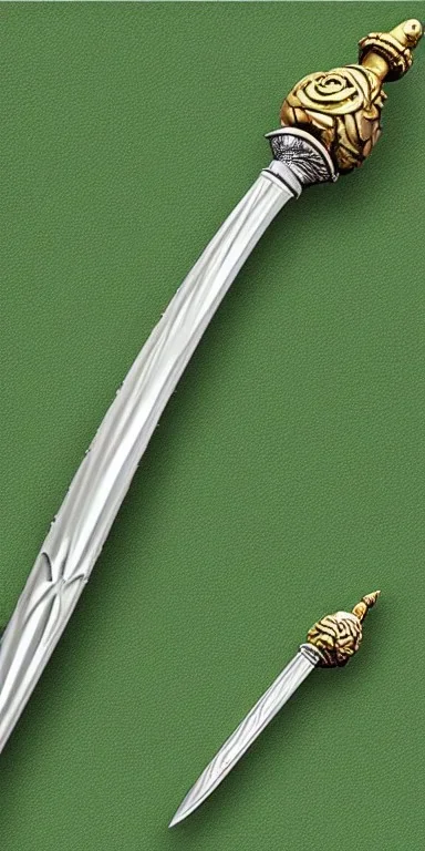 A large silver and Gold spear weapon with a rose at the handle and thorns up the poll, realistic, fantasy,