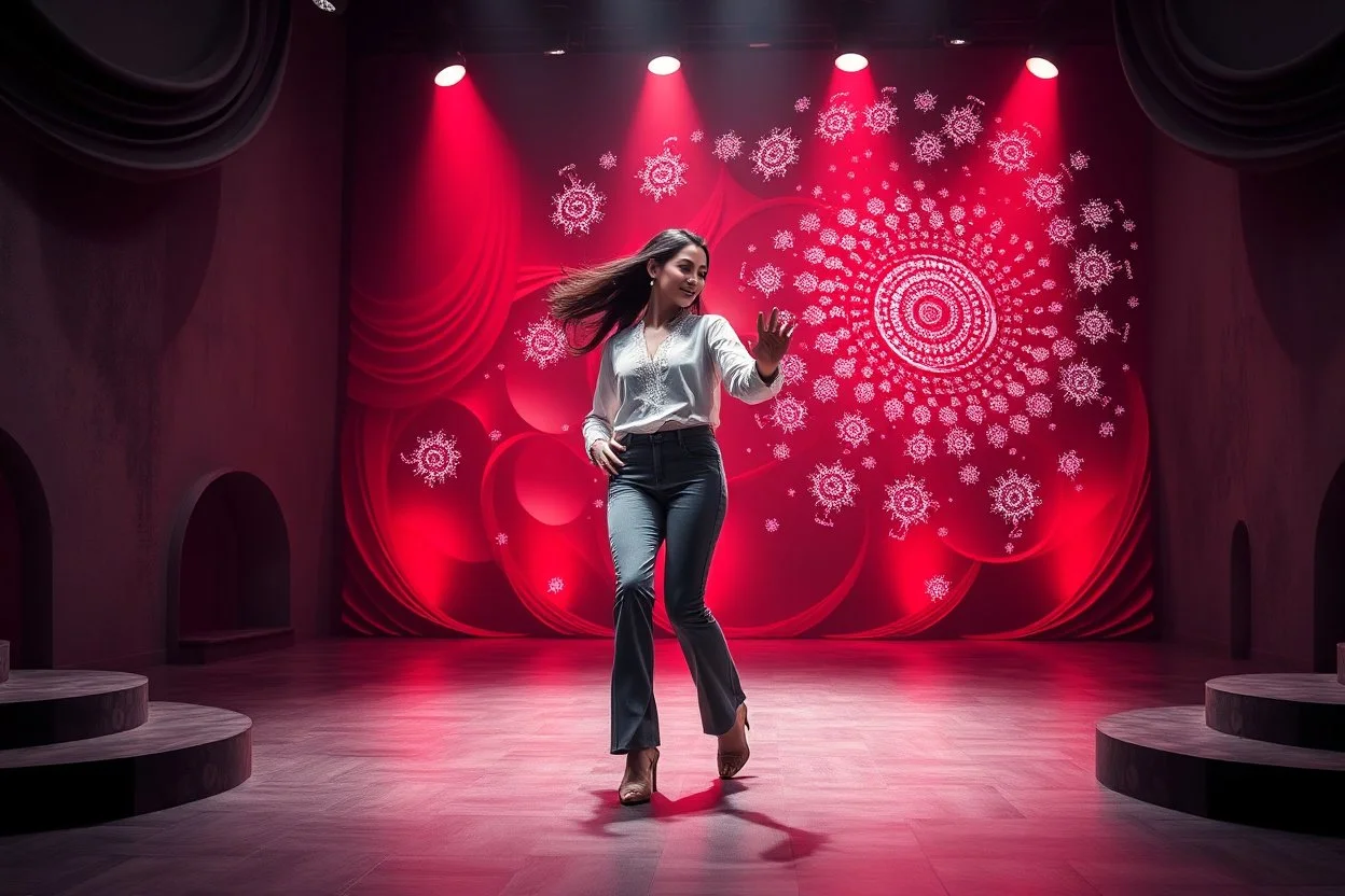 modern stage with gray-dark red theme artistic decoration , color full dynamic lighting, a beautiful lady in pants and blouse with shining silver jewels dancing, 3D recursive fractal structure animating background