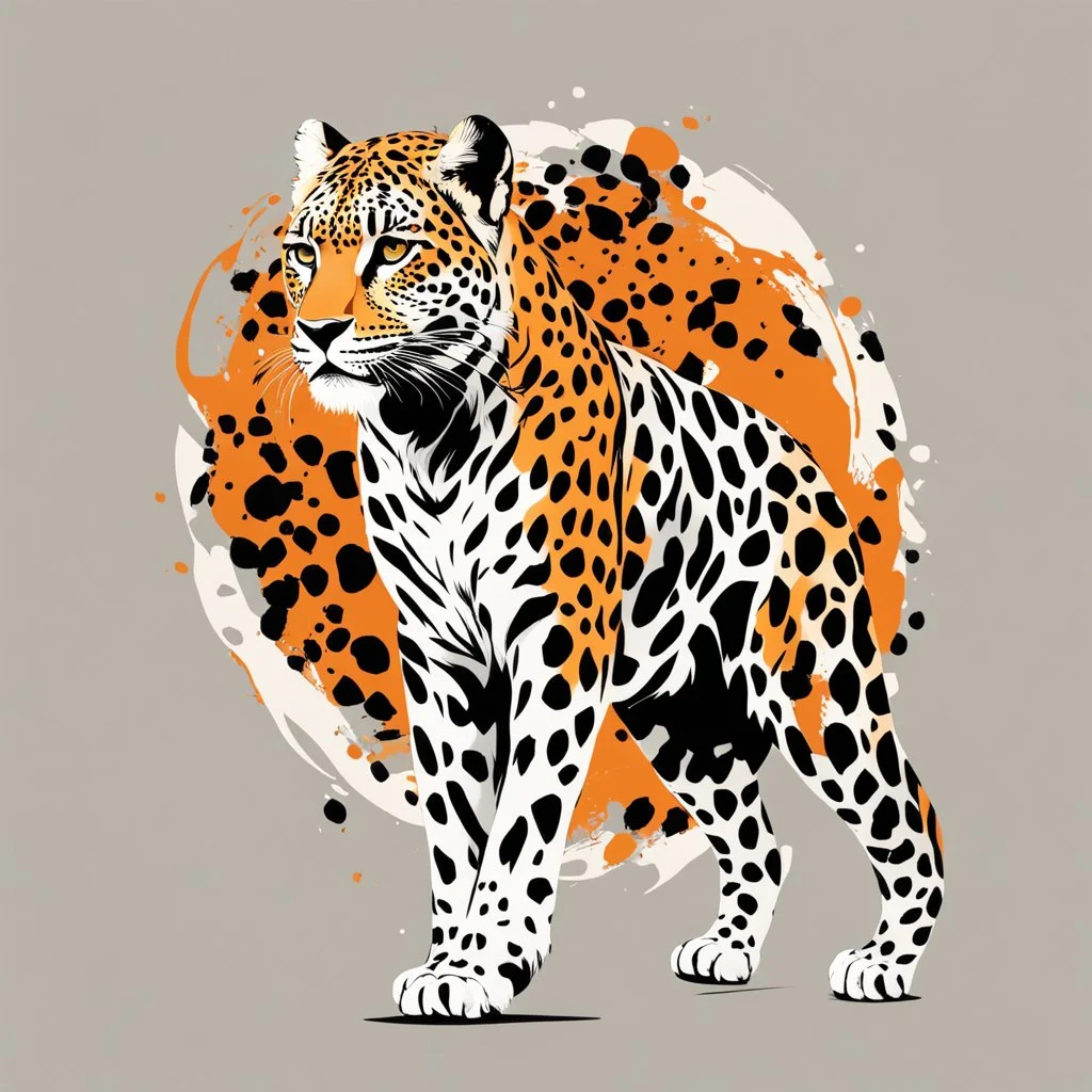 Logo. Orange, black and white palette Leopard in artistic style full body