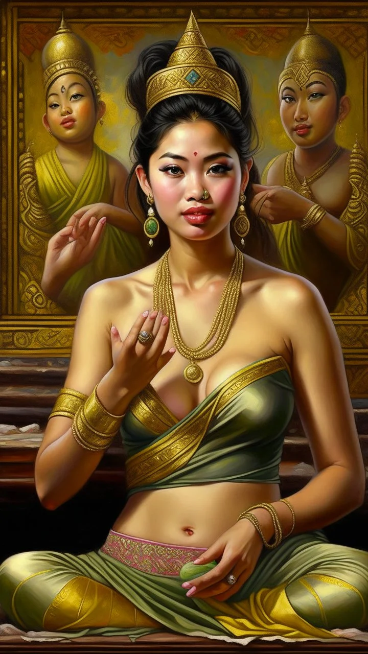 (((Nang Kwak))) is a Thai woman, beautiful face, wearing a loincloth. wear jewelry Hair styled in the traditional Dok Krathum style, sitting with a squat fold, left hand resting on the lap. There is a bag of money on the hand. Right hand raised in a calling gesture. Oil painting, realistic, wide angle