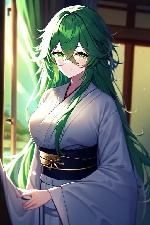 girl, masterpiece, best quality, cinematic lighting, detailed outfit, vibrant colors, perfect eyes, green eyes, long hair, green hair, messy hair, hair between eyes, indoors, depth of field, ray tracing, kimono,