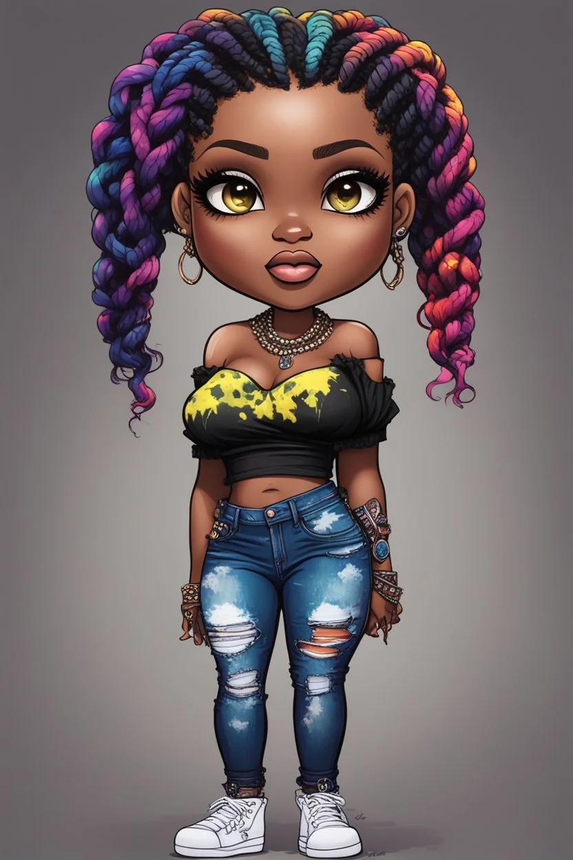 create a colorful abstract pop punk art image 8k of a chibi curvy black female wearing torn jeans pants and a black-tie dye off the shoulder blouse. Prominent make up with hazel eyes. Highly detailed long Senegalese twist in a hair wrap