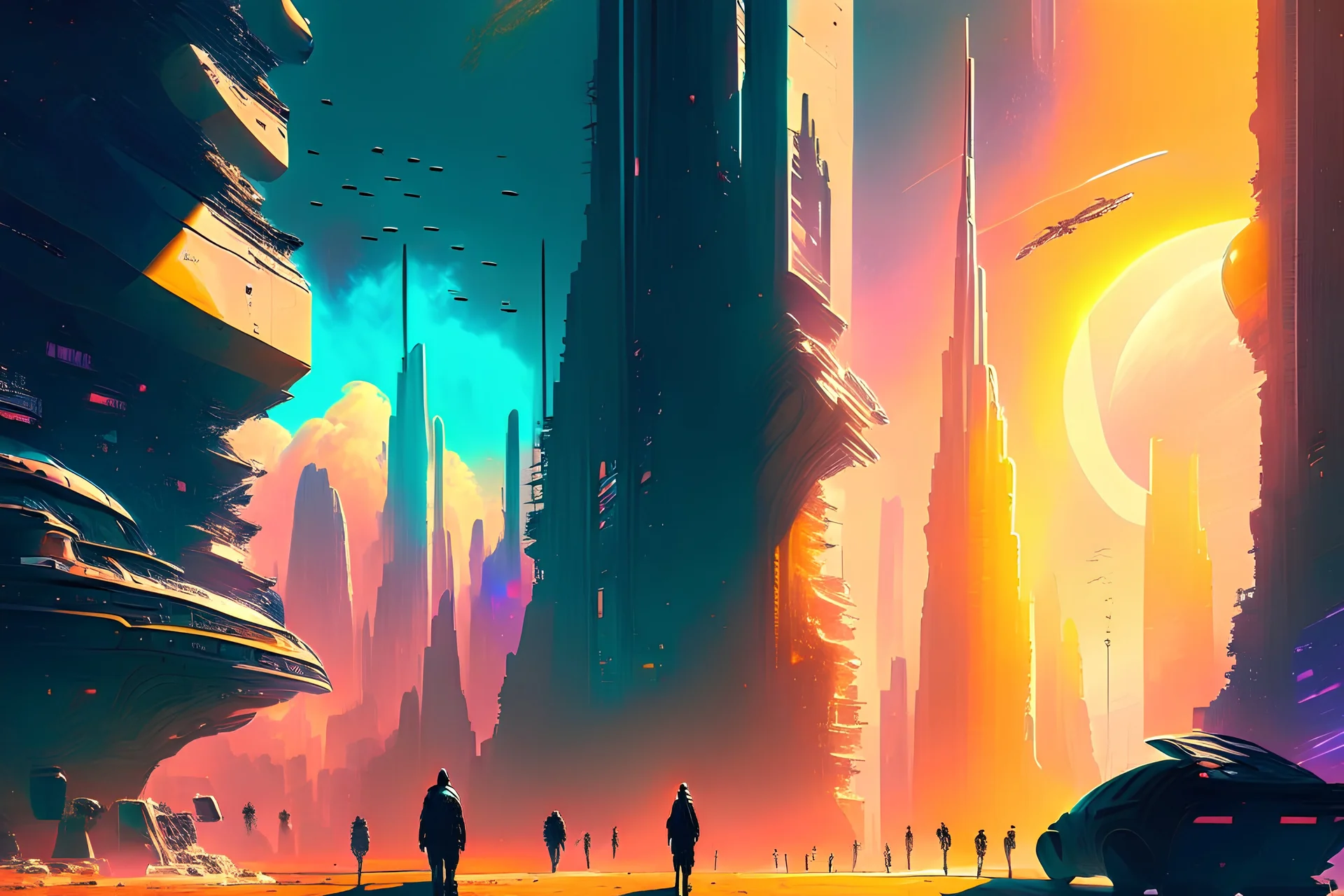 city, galaxy, people, neo noir, sunny day, sci-fi, epic