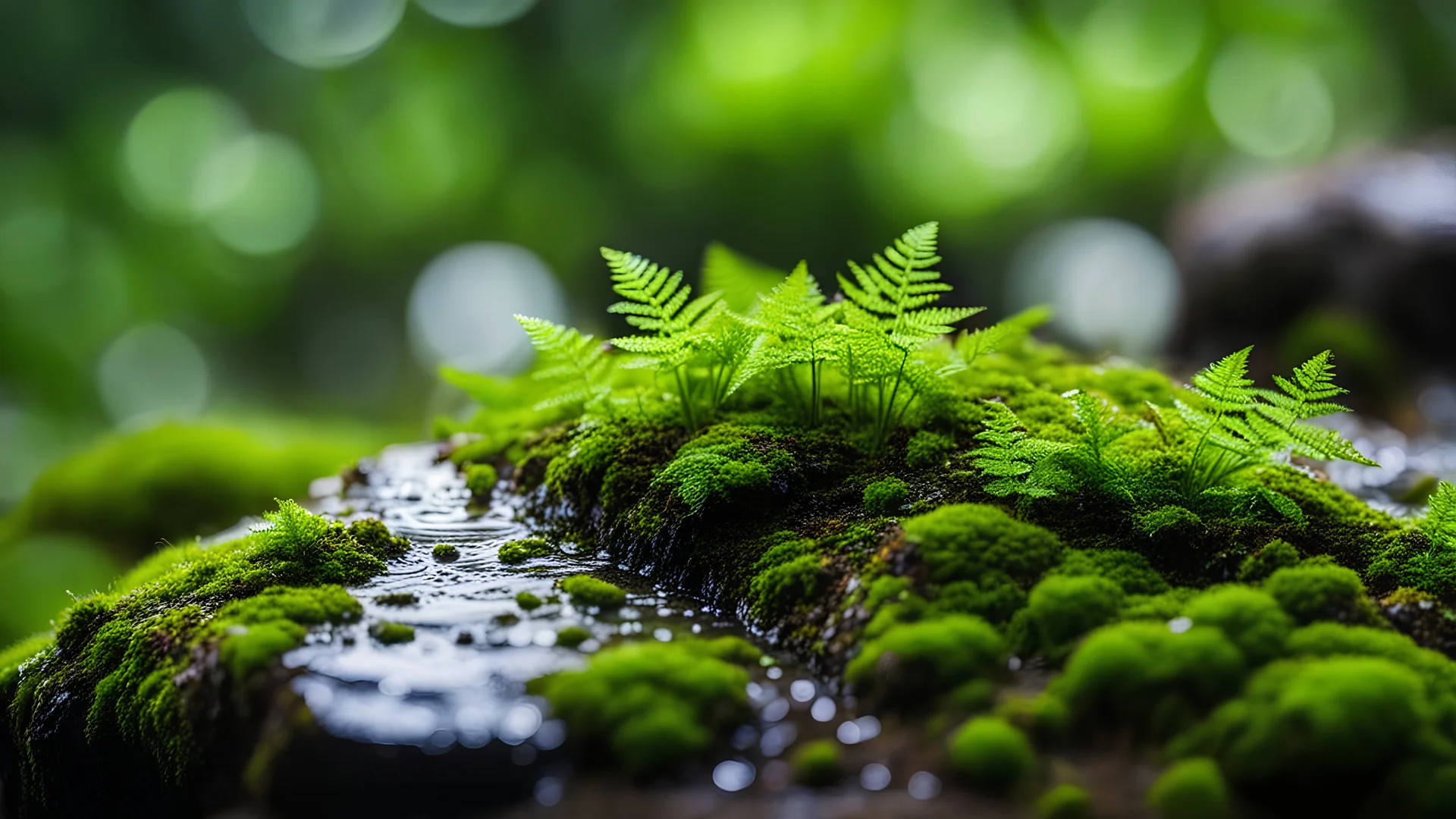 Moss on a wet rock, Forest, ferns,Bokeh Background, dramatic scene