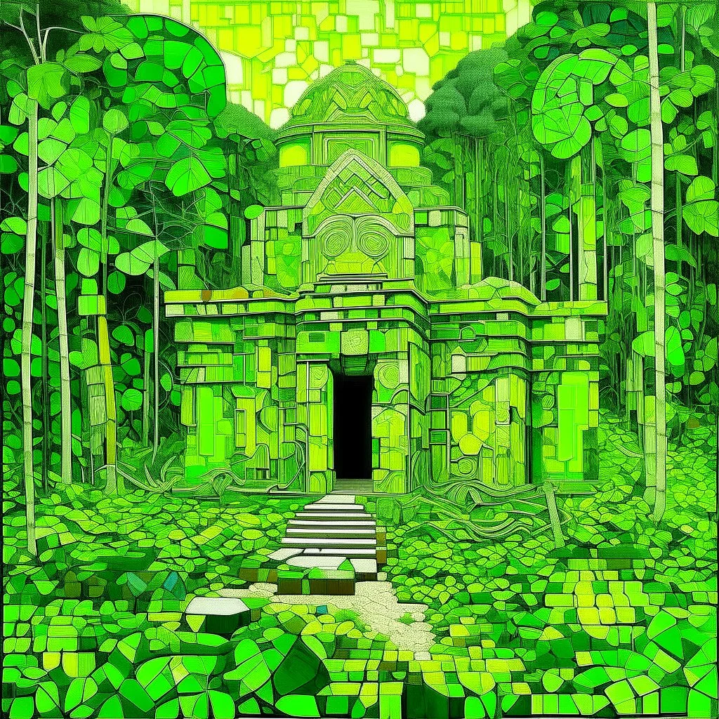 A lime green rainforest a ruined temple kingdom designed in ancient Roman mosaics painted by Piet Mondrian