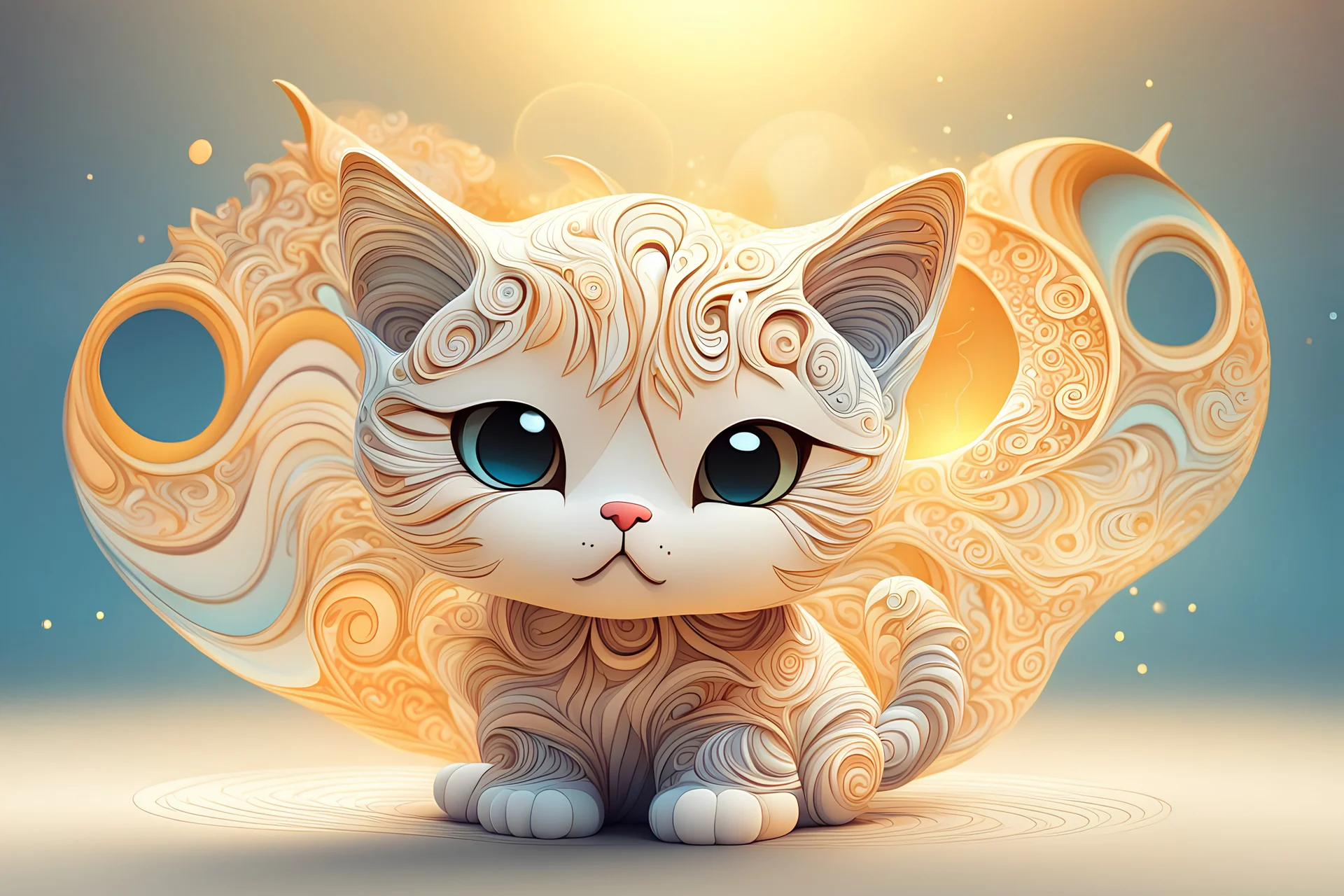 cute chibi cat in sunshine abstract vector fractal, wave function, Zentangle, 3d shading in sunshine