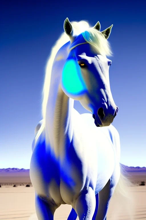 Radioactive white horse with blue glowing eyes, storming through the mojave desert