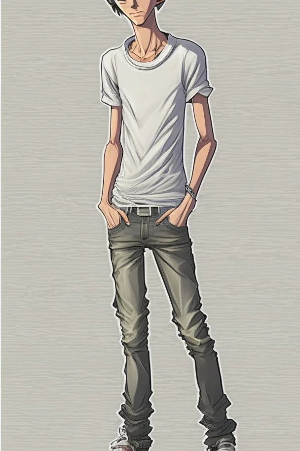 Teen man, black hair, perfect face, style of tomer hanuka, jeans, white, t-shirt, pompadour. standing, full body