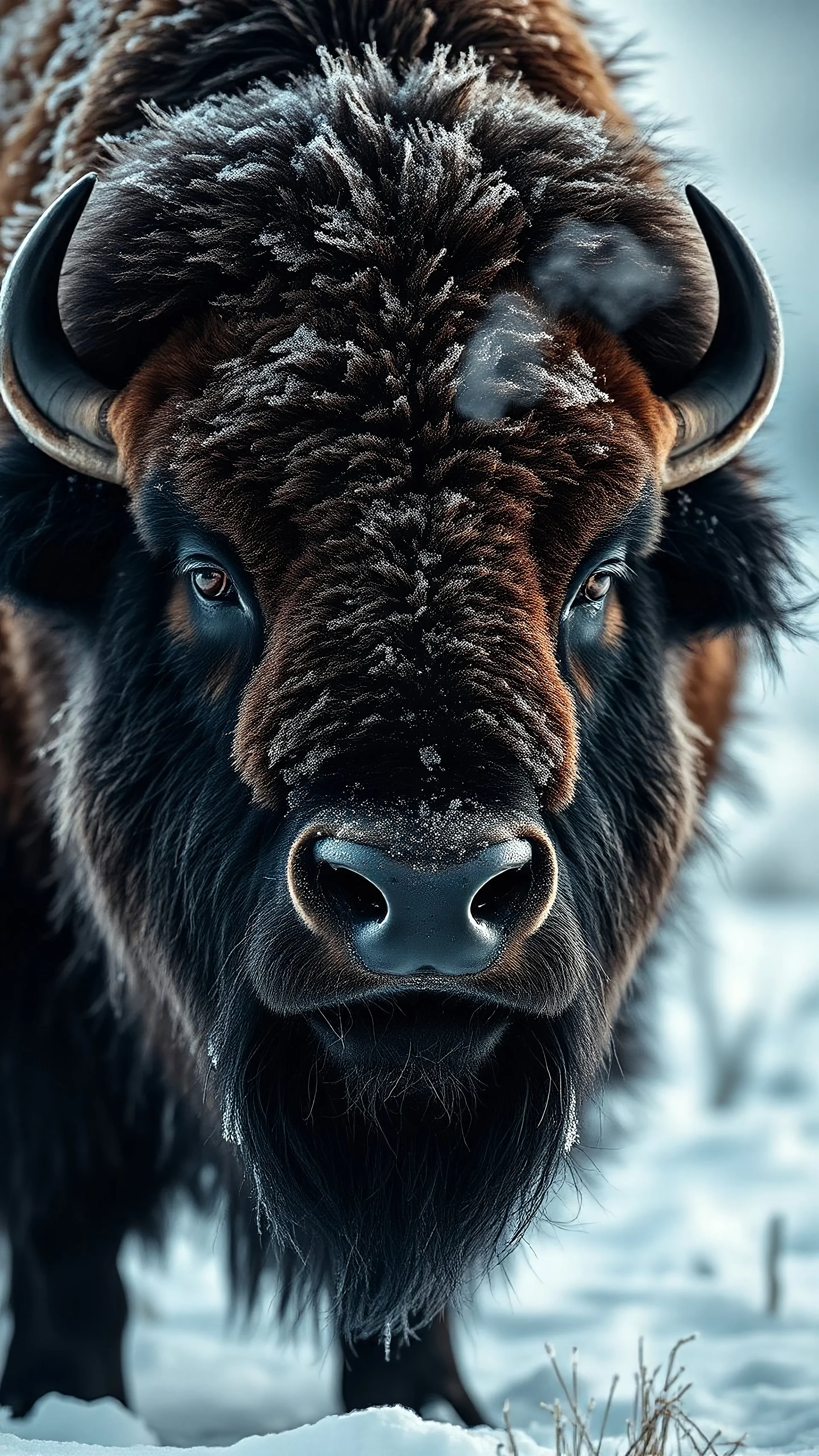 A majestic front view close-up portrait of a bison on a frosty morning, its thick fur coated with frost and icicles, steam gently billowing from its nostrils against a serene snowy backdrop. The lighting emphasizes the texture of the bison's fur and the icy details while creating a moody and tranquil atmosphere.
