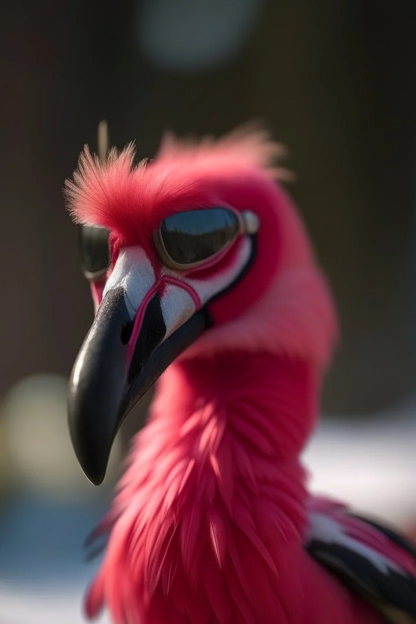 portrait of the flamingo wearing googles skiing and talking on phone,shot on Hasselblad h6d-400c, zeiss prime lens, bokeh like f/0.8, tilt-shift lens 8k, high detail, smooth render, down-light, unreal engine, prize winning