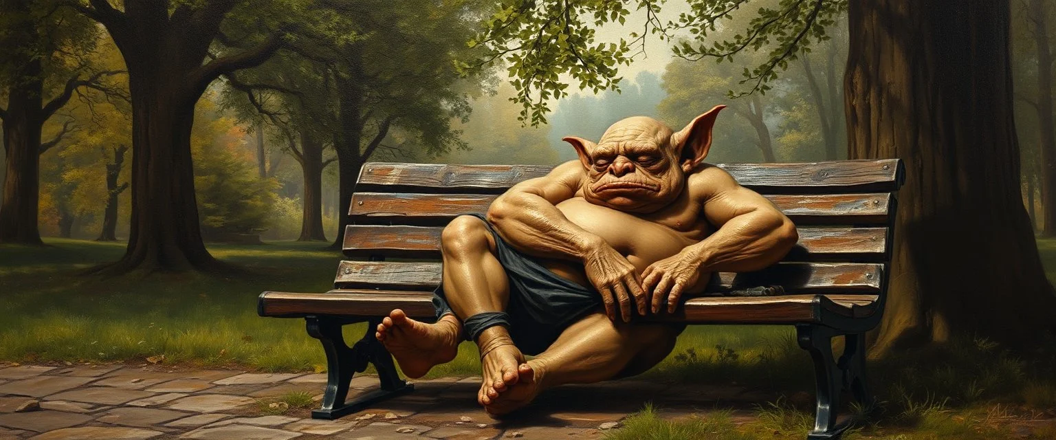 master oil painting by Rembrandt, fat orc gremlin sleeping on a bench in the park