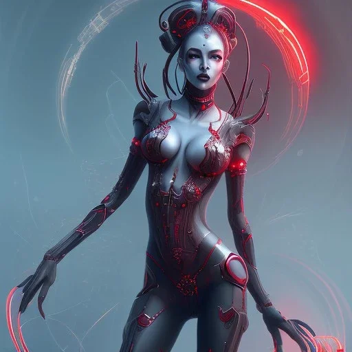 spider goddess, cute cyborg, red, black, star background