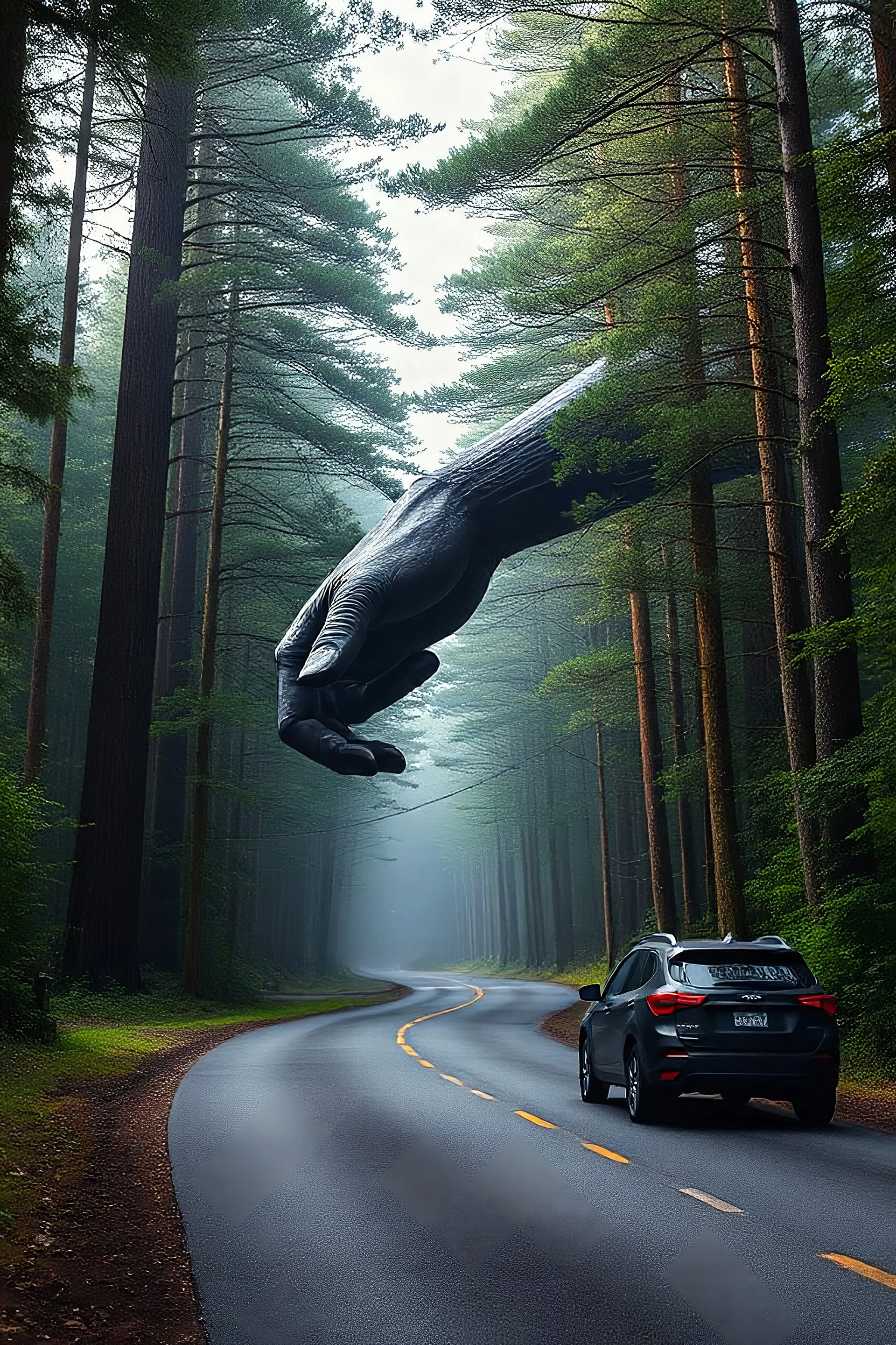 Fantasy forest road a giant man with his hand trying to grasp the car waiting for a ride on the side of the road