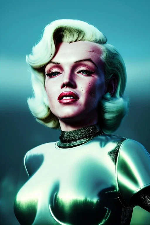 Ultra Realistic retro sci-fi scene, portrait, blonde woman, sweet young Marilyn Monroe face, perfect iris, tight latex coat, Strange planet background, Retro sci-fi style helmet. birds, fog, rain, soft color, highly detailed, unreal engine 5, ray tracing, RTX, lumen lighting, ultra detail, volumetric lighting, 3d, finely drawn, high definition, high resolution.