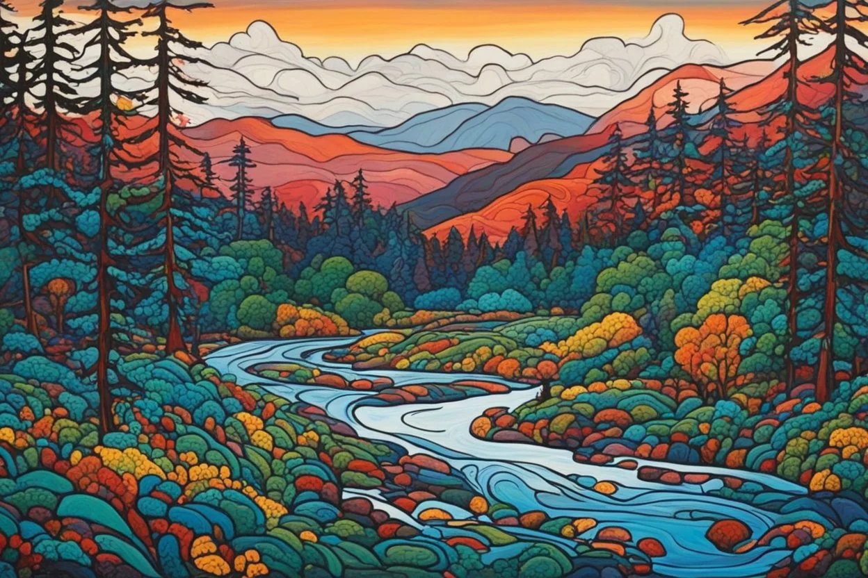 a dramatic, highly detailed painting of a lush Pacific Northwest forested river valley landscape in the pale light of dawn, in the style of Norval Morrisseau , vibrant natural colors, with fine ink outlining, museum quality masterpiece