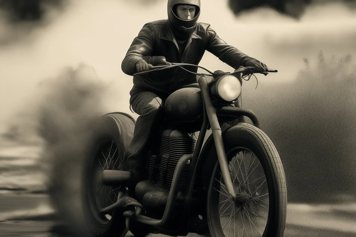 A man riding a vintage motorcycle, with the essence of Grisaille and the fluid dynamics of Ferrofluid surrounding him. -ar 16:9-s 50-