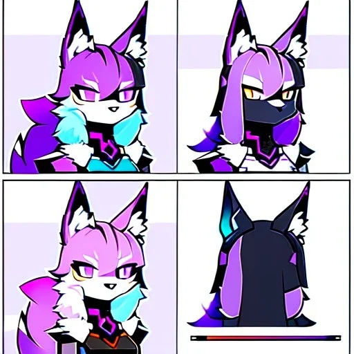 a fox fursona, furry, fursona, fursona reference sheet, high quality, 8k, fox tail, winged, fur, anthropomorphic, master quality, cyberpunk, backlighting, soft lights, black and purple color pallet