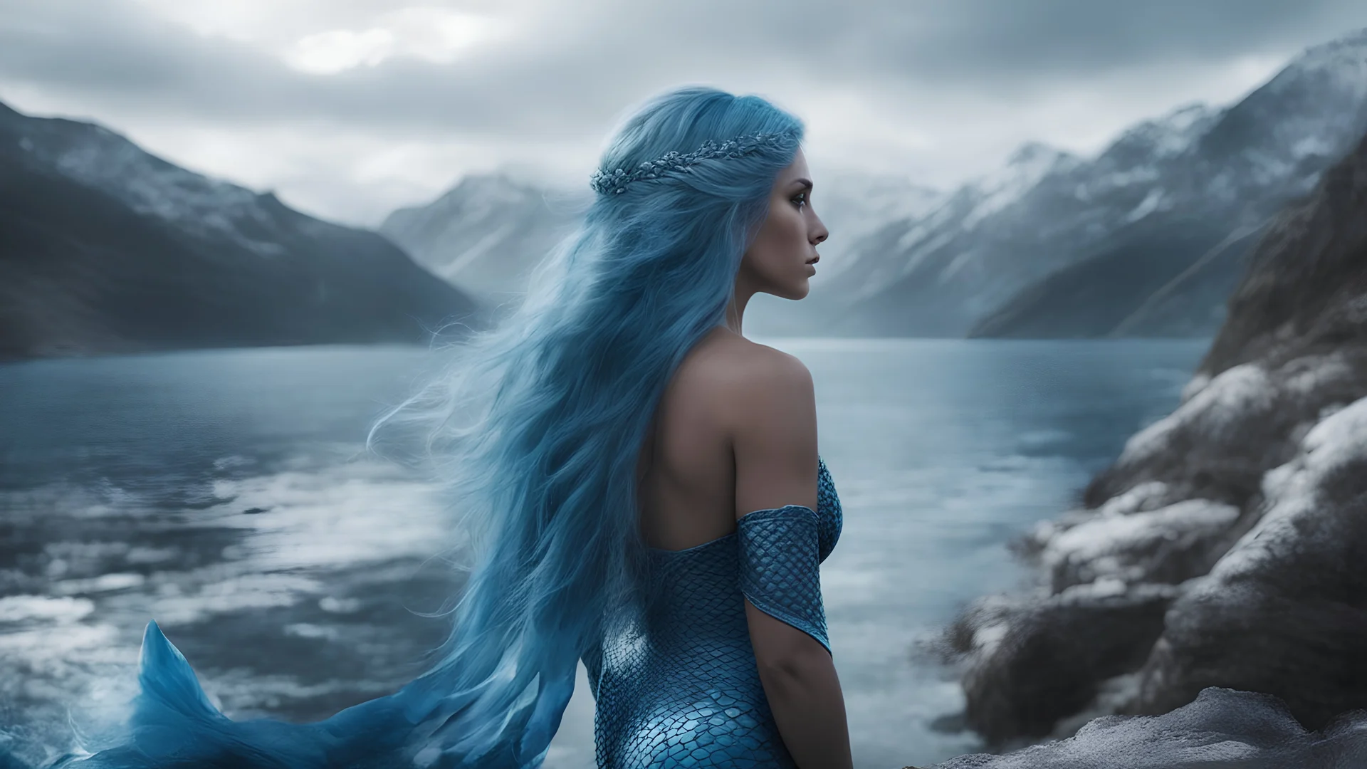 Photoreal gorgeous rear view of completely blue skinned scales blue skin mermaid triton blue scaled skin warrior blue scaled skin blue skin woman with blue scaled skin blue skin blue as blue in an ice covered mountain landscape by lee jeffries, otherworldly creature, in the style of fantasy movies, photorealistic, bokeh masterpiece smooth shading, ultra detailed, high resolution, cinematic, unreal 6, subtle shadows, octane render, 8k, cinema 4d, HDR, dust effect, vivid colors