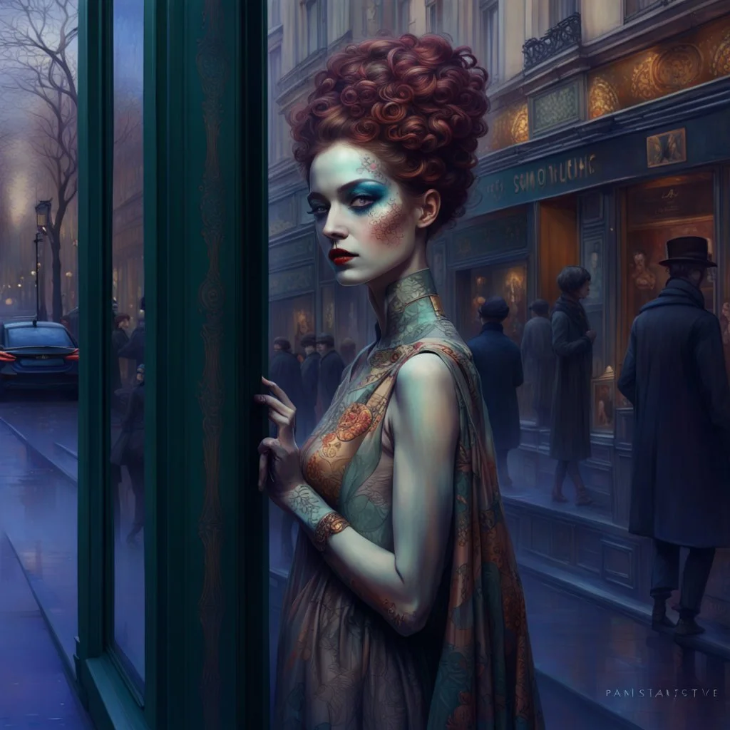 full body painting, woman looking in a shop window on the Champs Elysees and seeing a reflection of herself with colorful makeup, artstartion trending, artstation trending, painting by android jones, mucha klimt and tom bagshaw, karol bak style, great digital illustration, female art, trend on artsatio, patchwork doll, juxtapoz aesthetics, beautiful fantasy portrait, Tom Bagshaw Donato Giancola