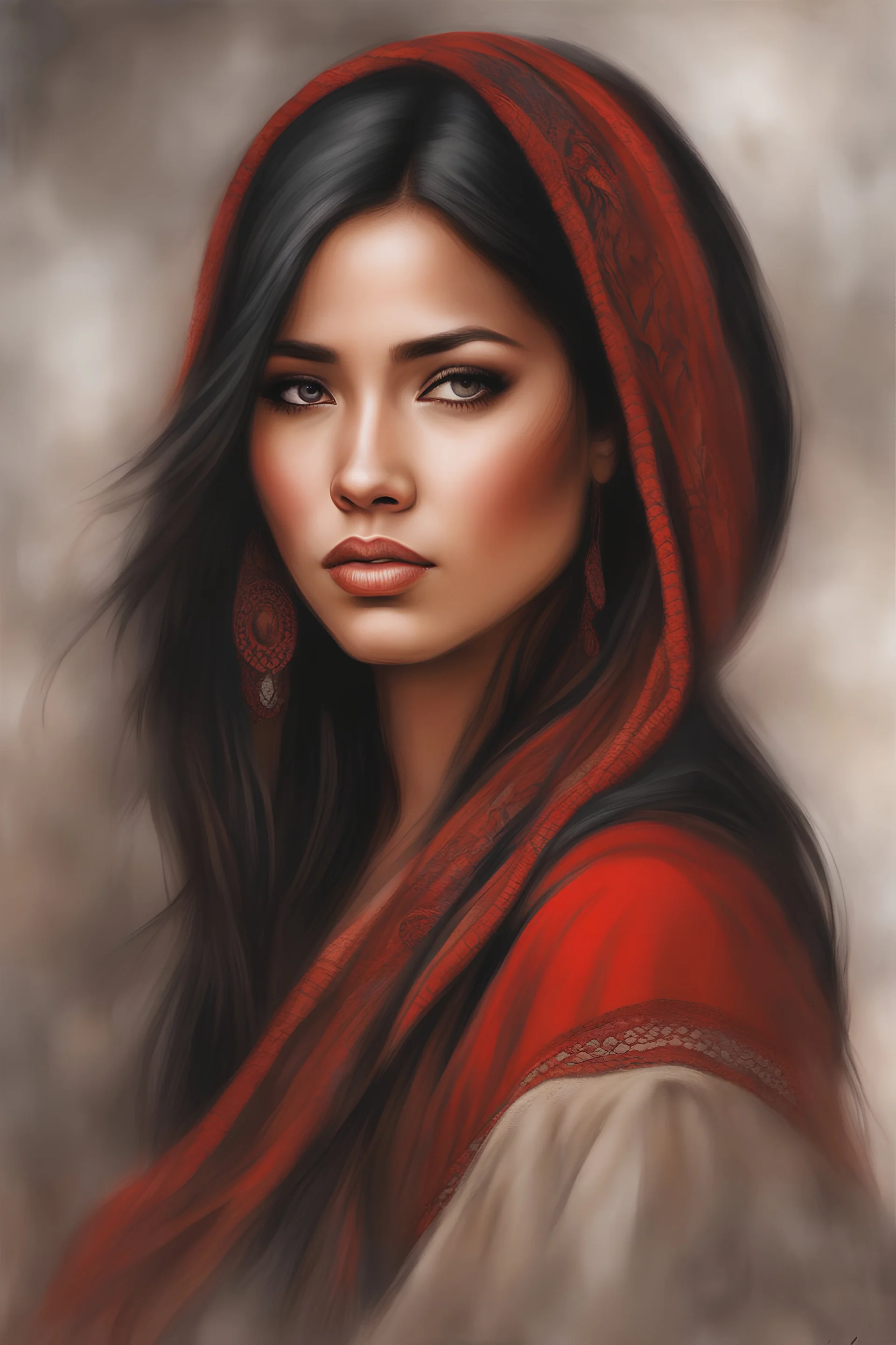 Wu school painting style, Elegant apache female portrait drawing, dark tan, captivating eyes, red and black hair, brown eyes, graceful pose, crochet red and black dress, ethereal beauty, intricate details, subtle blending, fine art style, dreamy atmosphere, enchanting lighting, artistically blurred background, timeless and classic, evokes emotion,