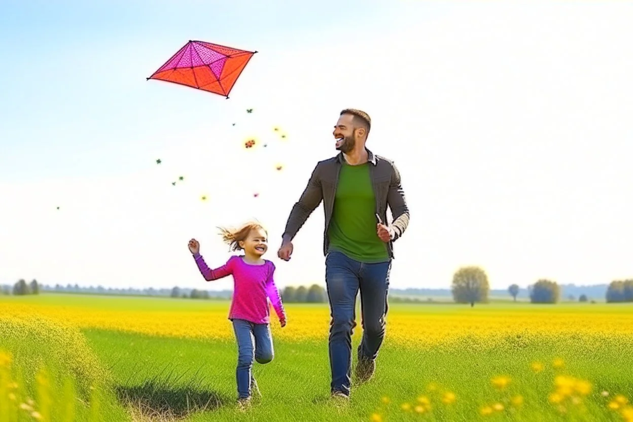 a father, a girl and a boy with a kite flying in the sky on the green field with flowers in sunshine