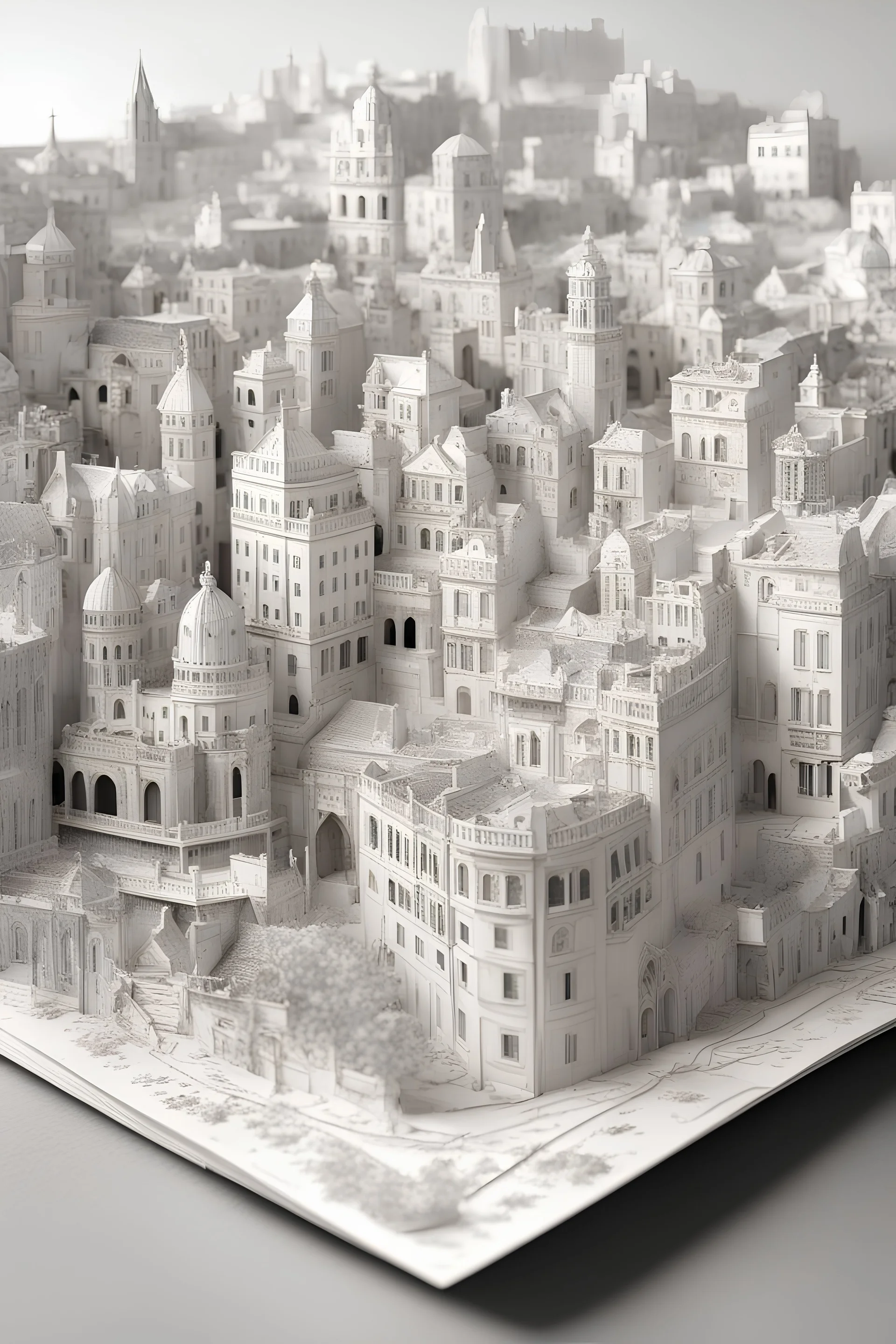 lisbon city view in ornate Papercraft, fairytale, children popup book, soft shadows, ambient occlusion, monochromatic