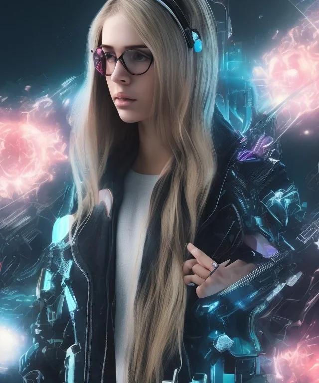 a young woman, BLONDE hair, green eyes, glasses, deep colors, cyberpunk, great pose, Realistic photography, incredibly detailed, ultra-high resolution, 8k, complex 3d render, cinema 4d, anatomically correct, dark backgorund