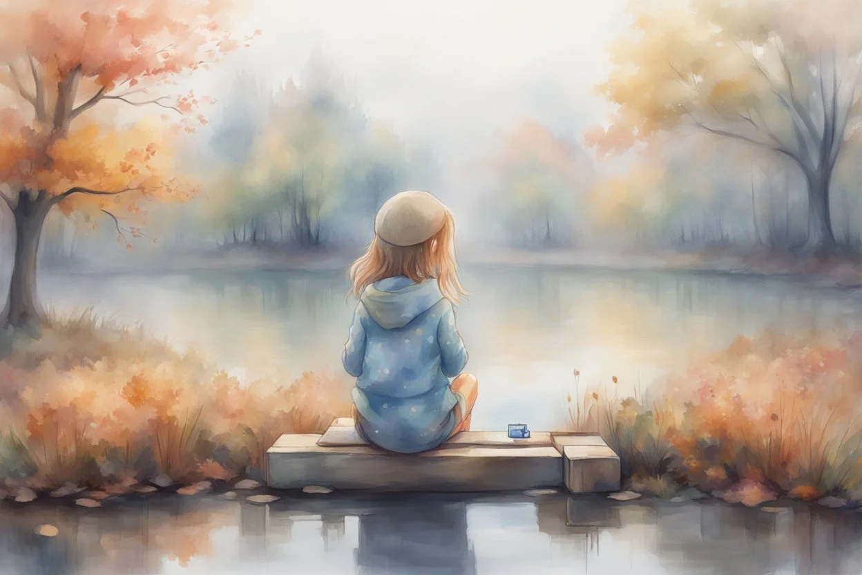 a cute chibi girl is sitting with her back to us, we see her playing tetris on a big screen, in van gogh style in on a misty morning. over a misty pond in the hieght of fall. Watercolour by Alison Brady. Pastel colours S<AI in sunshine, ethereal, otherwordly, cinematic postprocessing