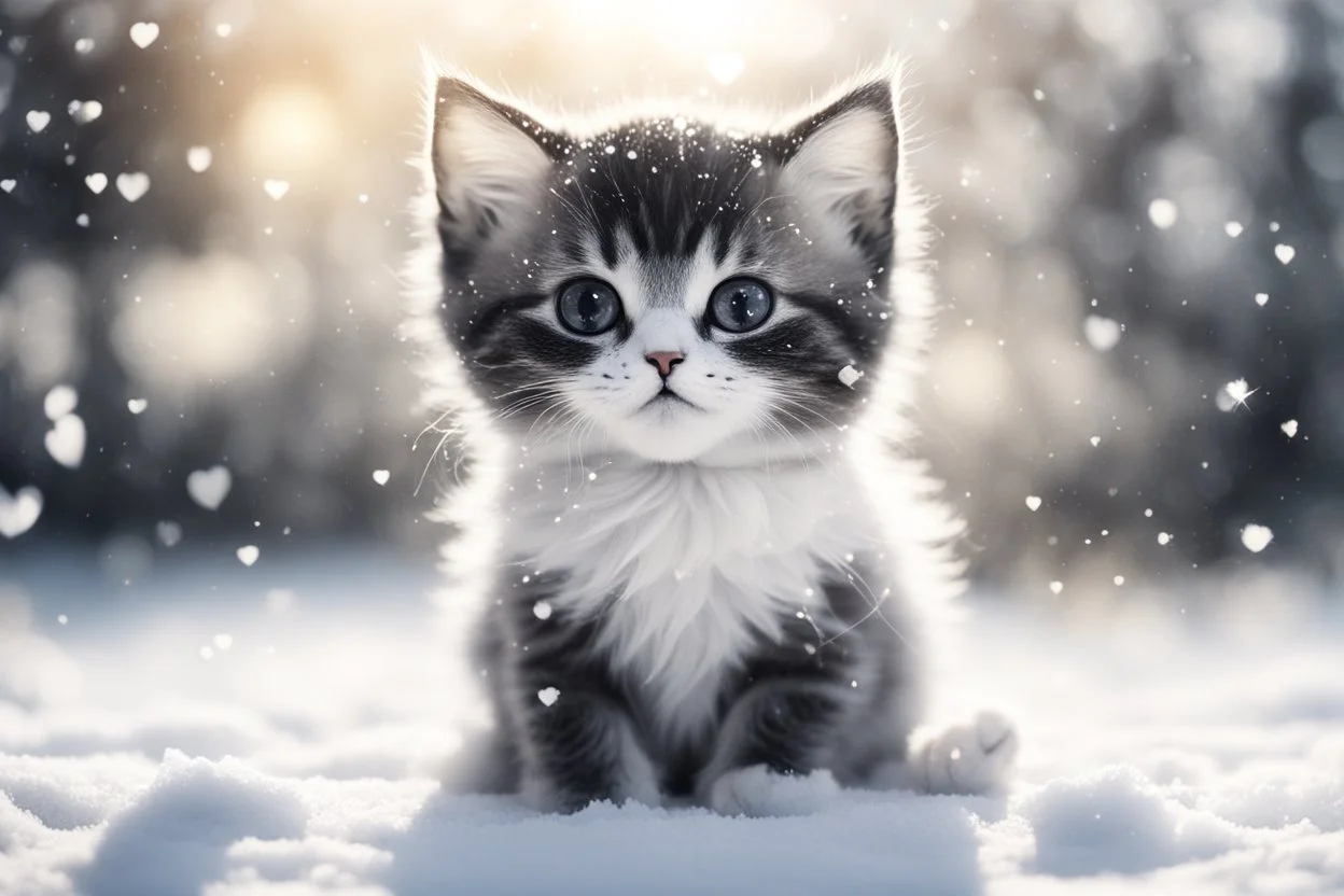 black and white chibi kitten in the snow, under the snow , heart and love in the sunshine, watercolor and black ink outlines, sparkling golden glitter, ethereal, cinematic postprocessing, bokeh, dof