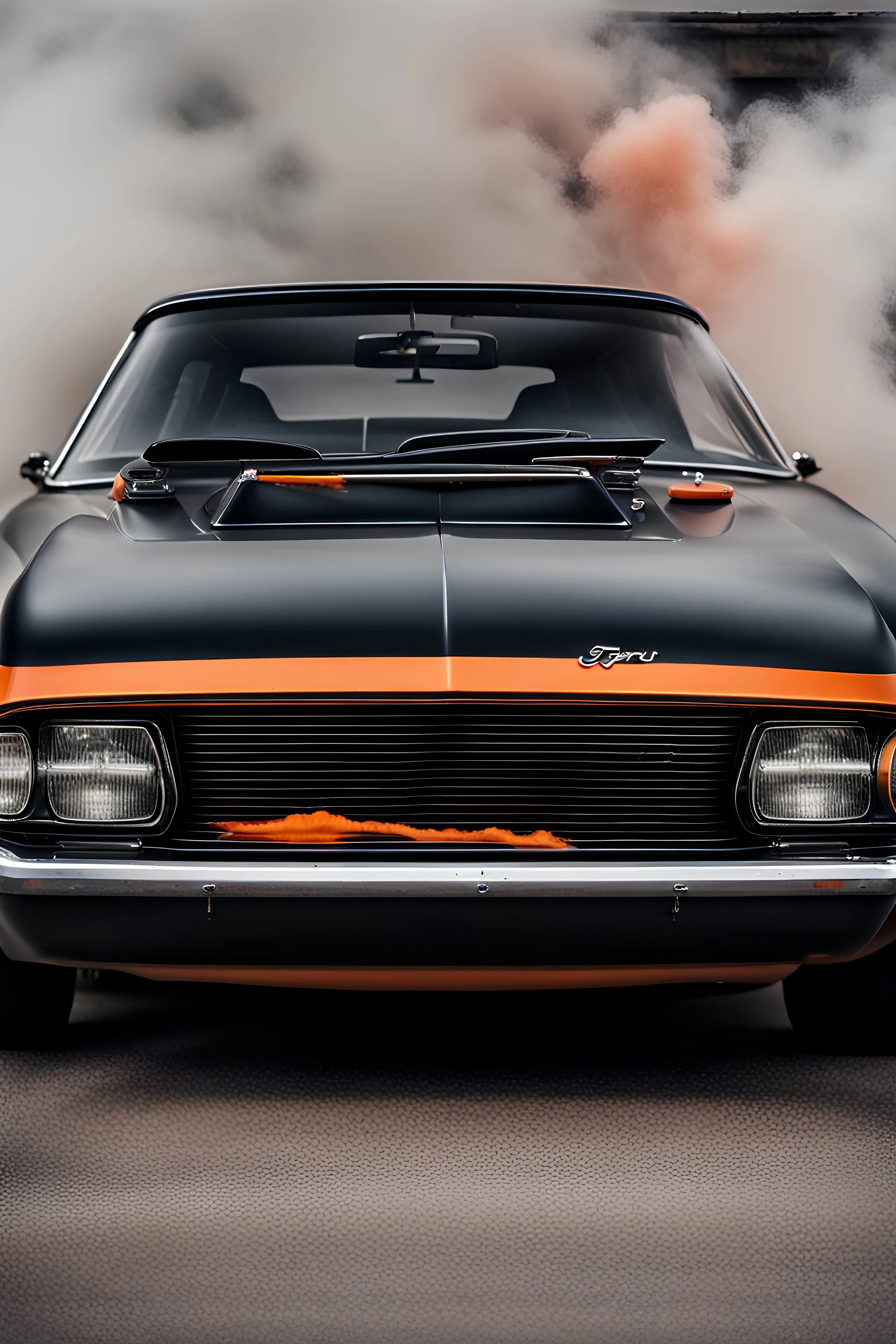 a close up of a black ford capri with a orange smoke paint