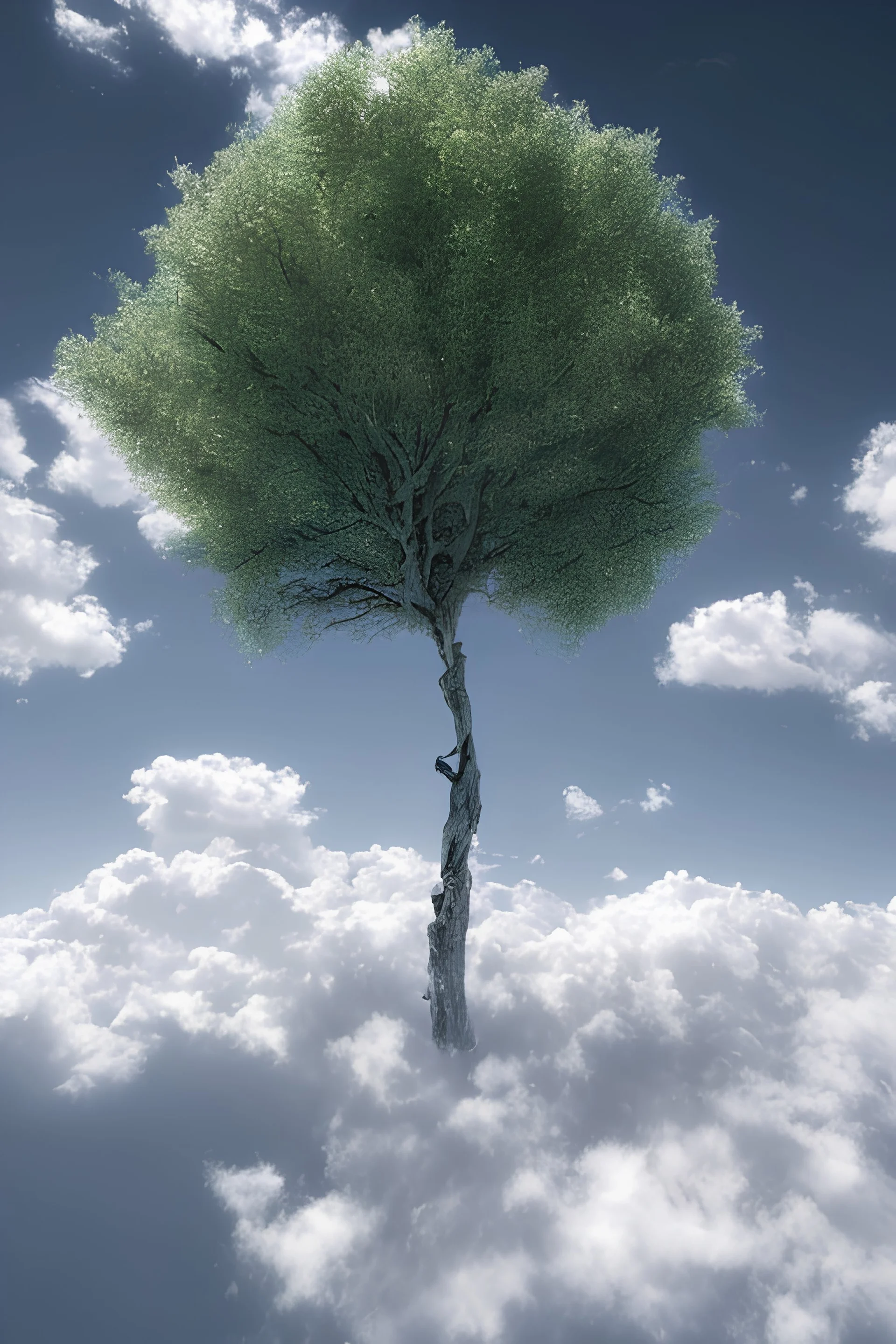 A tree made of hyperrealist clouds, beautiful, plain clean and clear sky in the background