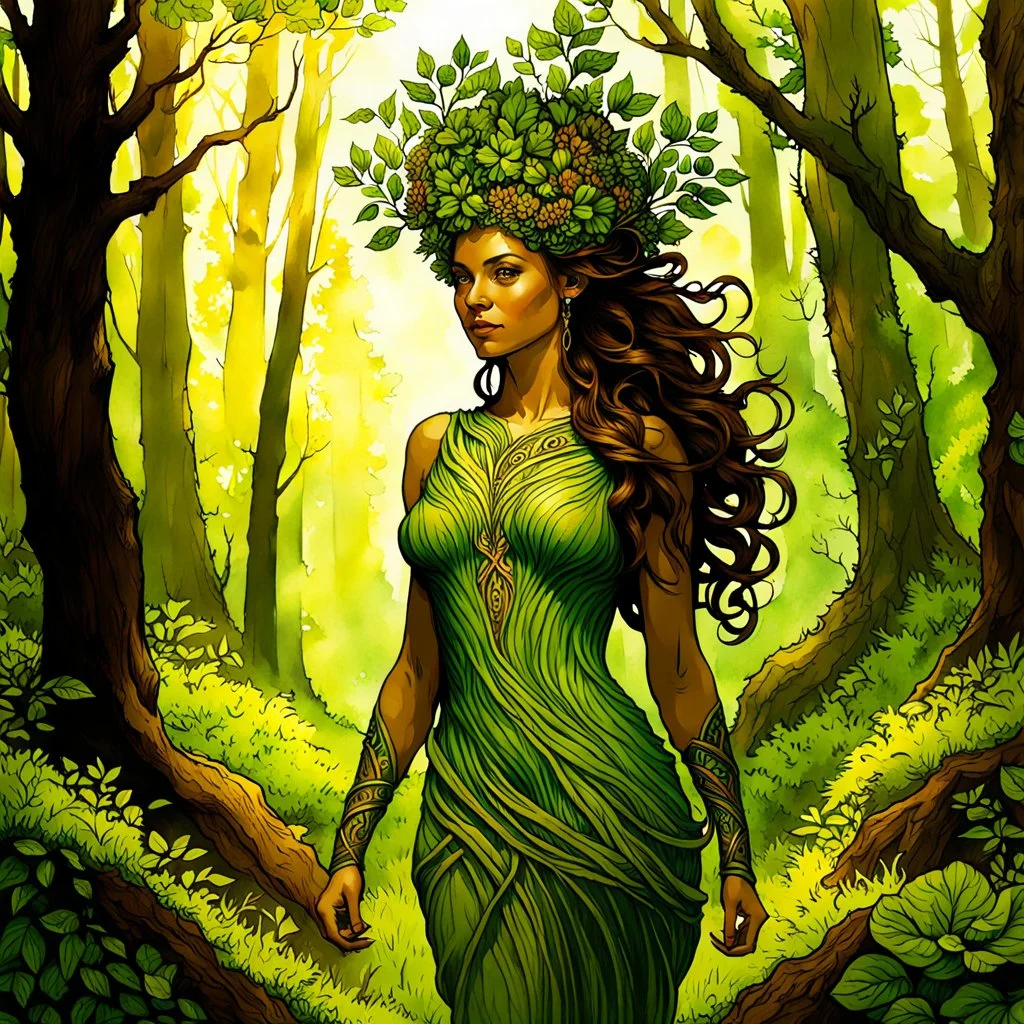 create an oil and watercolor full body portrait of a forest dryad enchantress fantasy art character, with highly detailed, sharply lined facial features, in the deep spring forest of Brokilon , finely inked, in rustic earth tone colors, 4k in the style of Maxfield Parrish