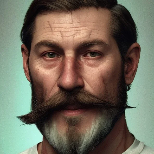 "MIddle aged white human male, with a trimmed but uneven beard, piercing green eyes with slick back hair head and shoulders portrait, 8k resolution concept art portrait by Greg Rutkowski, Artgerm, WLOP, Alphonse Mucha dynamic lighting hyperdetailed intricately detailed Splash art trending on Artstation triadic colors Unreal Engine 5 volumetric lighting Splash art fantasy"